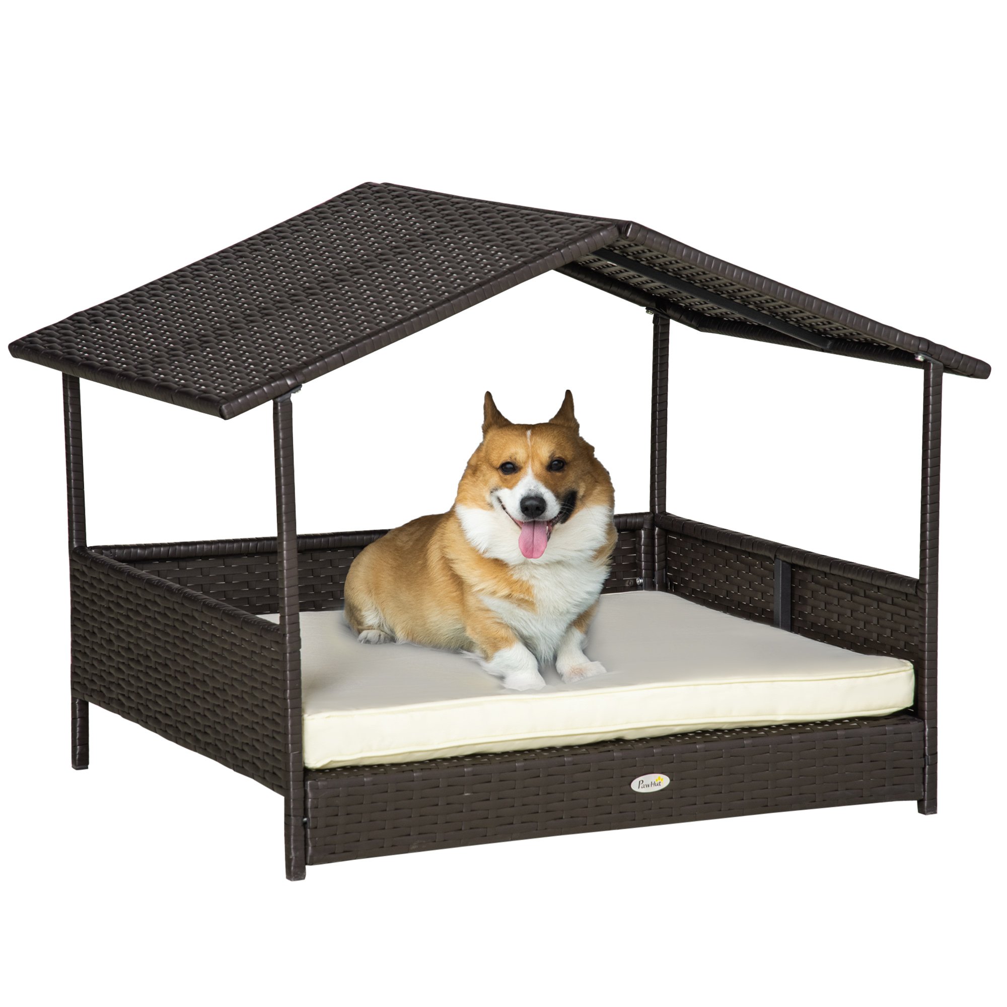 Wicker Dog House Outdoor with Canopy, Rattan Dog Bed with Water-resistant Cushion, Raised Dog Bed for Small, Medium Dogs up to 66 lbs, 19.75" in Leng
