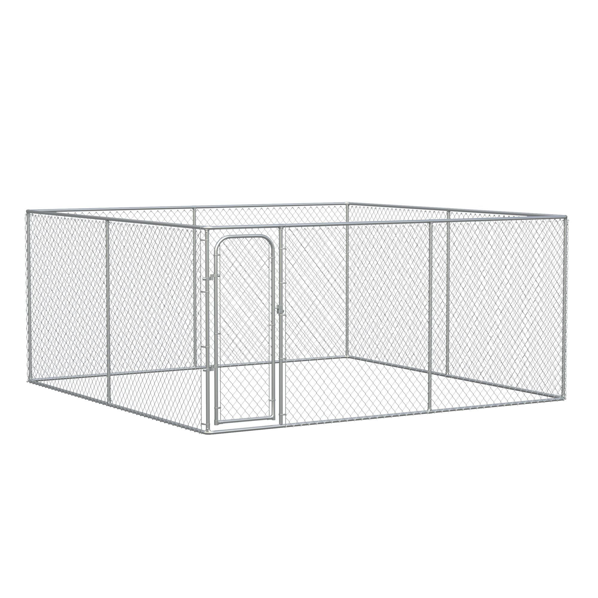 Outdoor Dog Kennel Galvanized Chain Link Fence Heavy Duty Pet Run House Chicken Coop with Secure Lock Mesh Sidewalls for Backyard, Silver