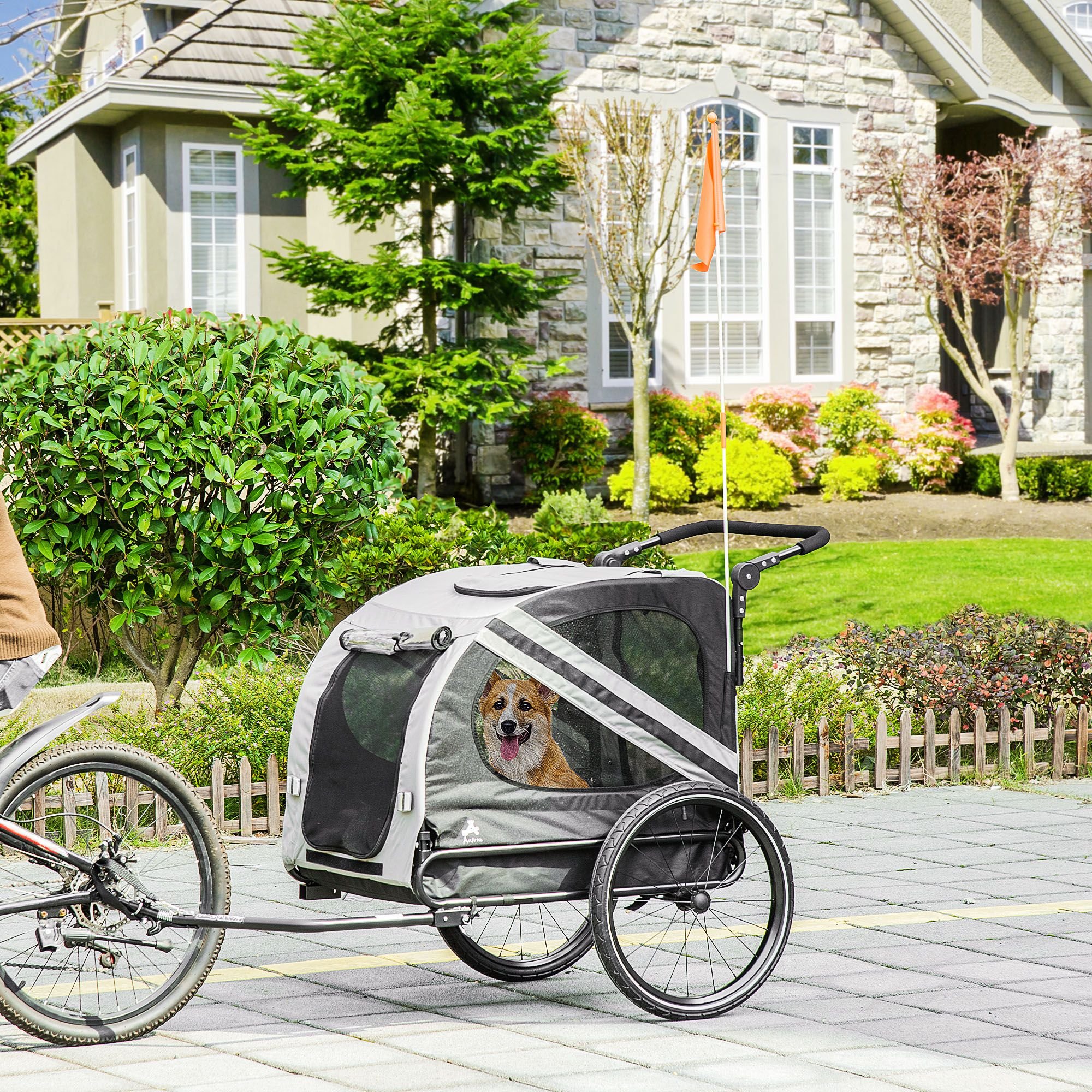 2-in-1 Pet Bike Trailer for Small Dogs, Road-Visibility Dog Stroller Bicycle Carrier, Weather-Strong Bike Wagon Trailer Sidecar Attachment, Gray
