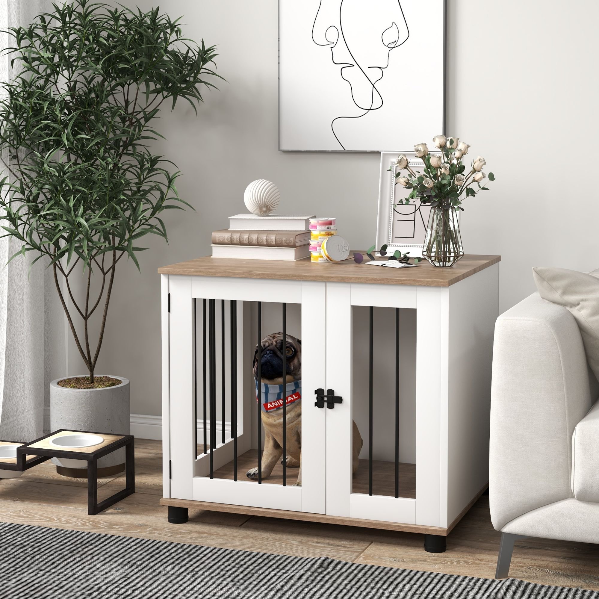 Dog Kennel Furniture Side End Table Indoor with Lockable Door, for Small and Medium Dogs, Walnut Brown