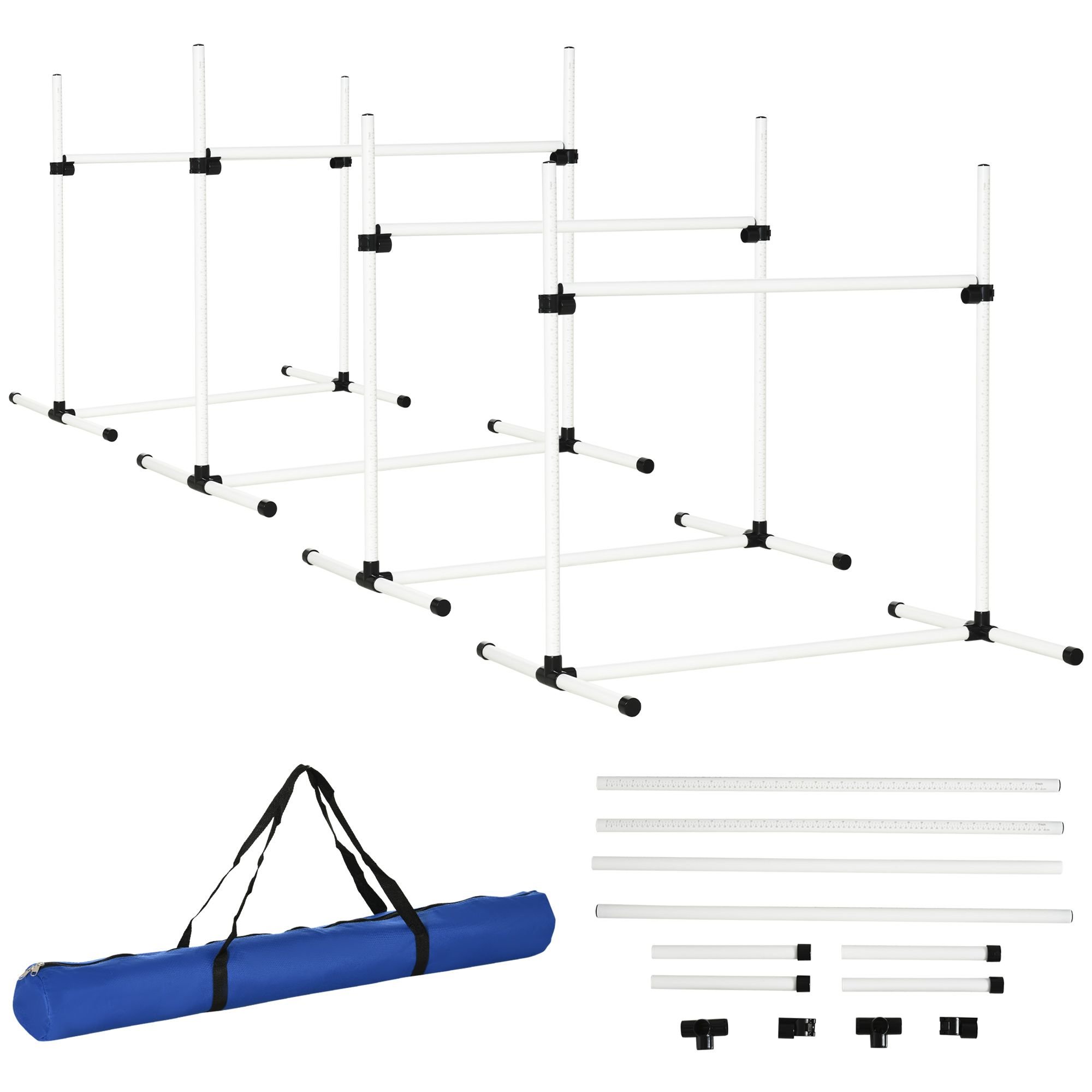 Set of 4 Dog Agility Training Equipment Adjustable Jump Bar Pet Exercise Kit with Carrying Bag (White)