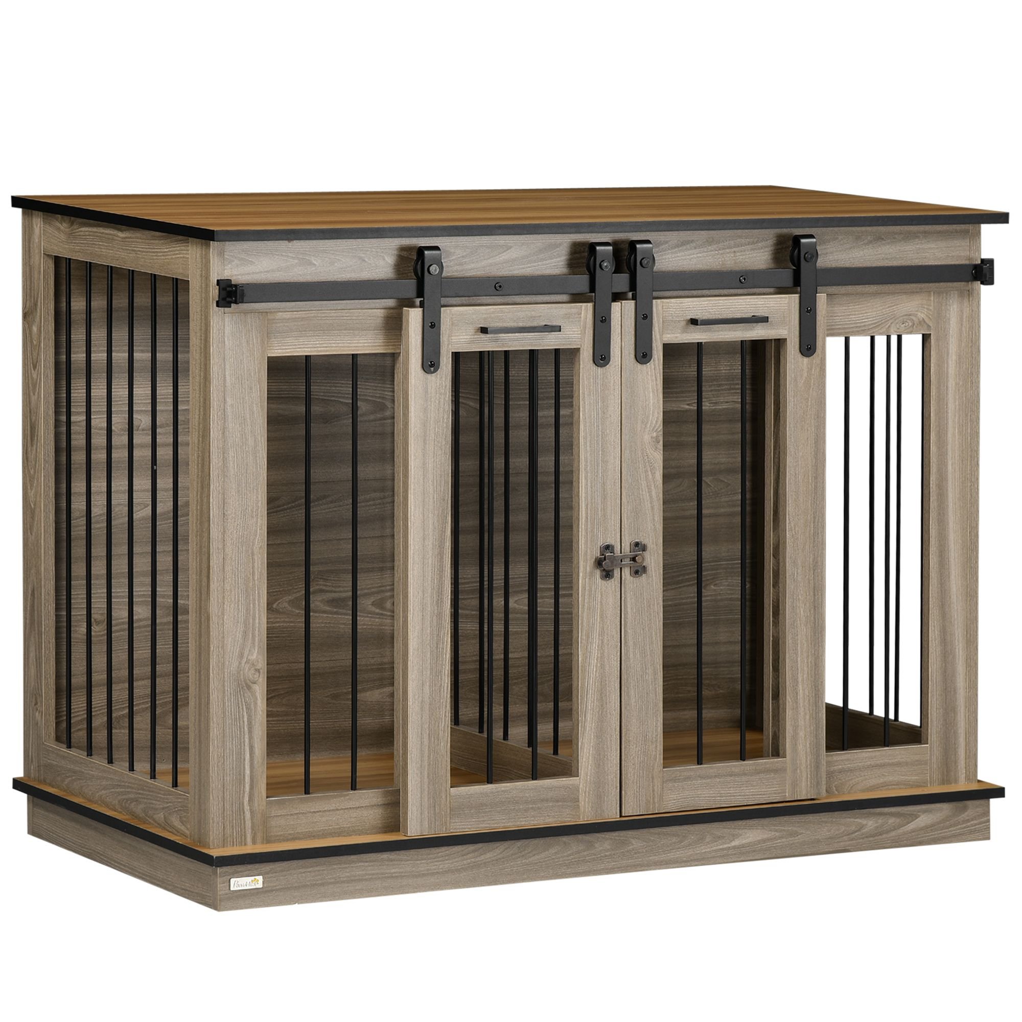 47in Dog Crate Furniture with Divider Panel, Wooden Dog Kennel TV Stand for Large Dogs, Pet House Side Table for 2 Small Dogs with Two Rooms Desi