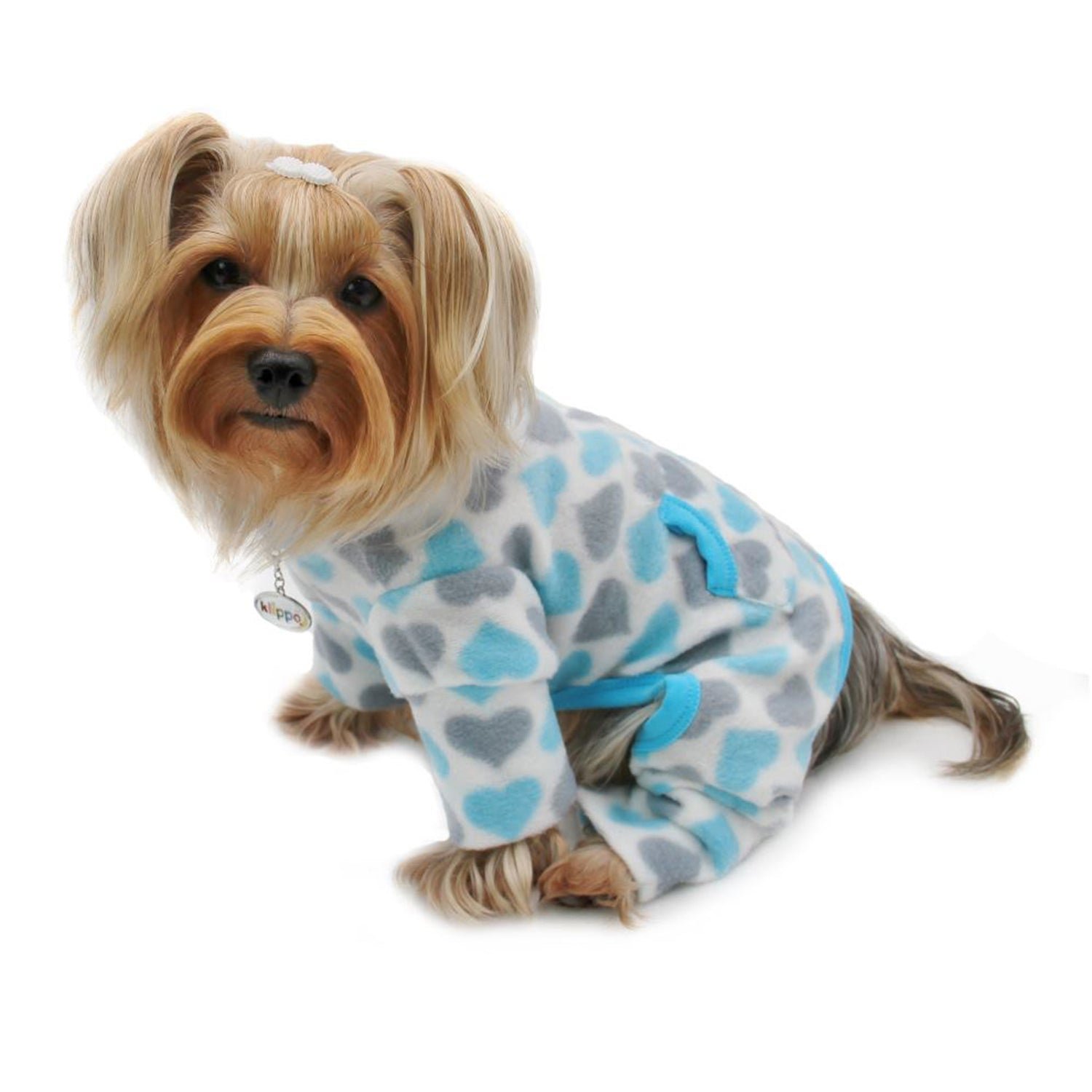 Blue & Gray Hearts Fleece Turtleneck Pajamas (Color: Blue & Gray Hearts, Size: L)