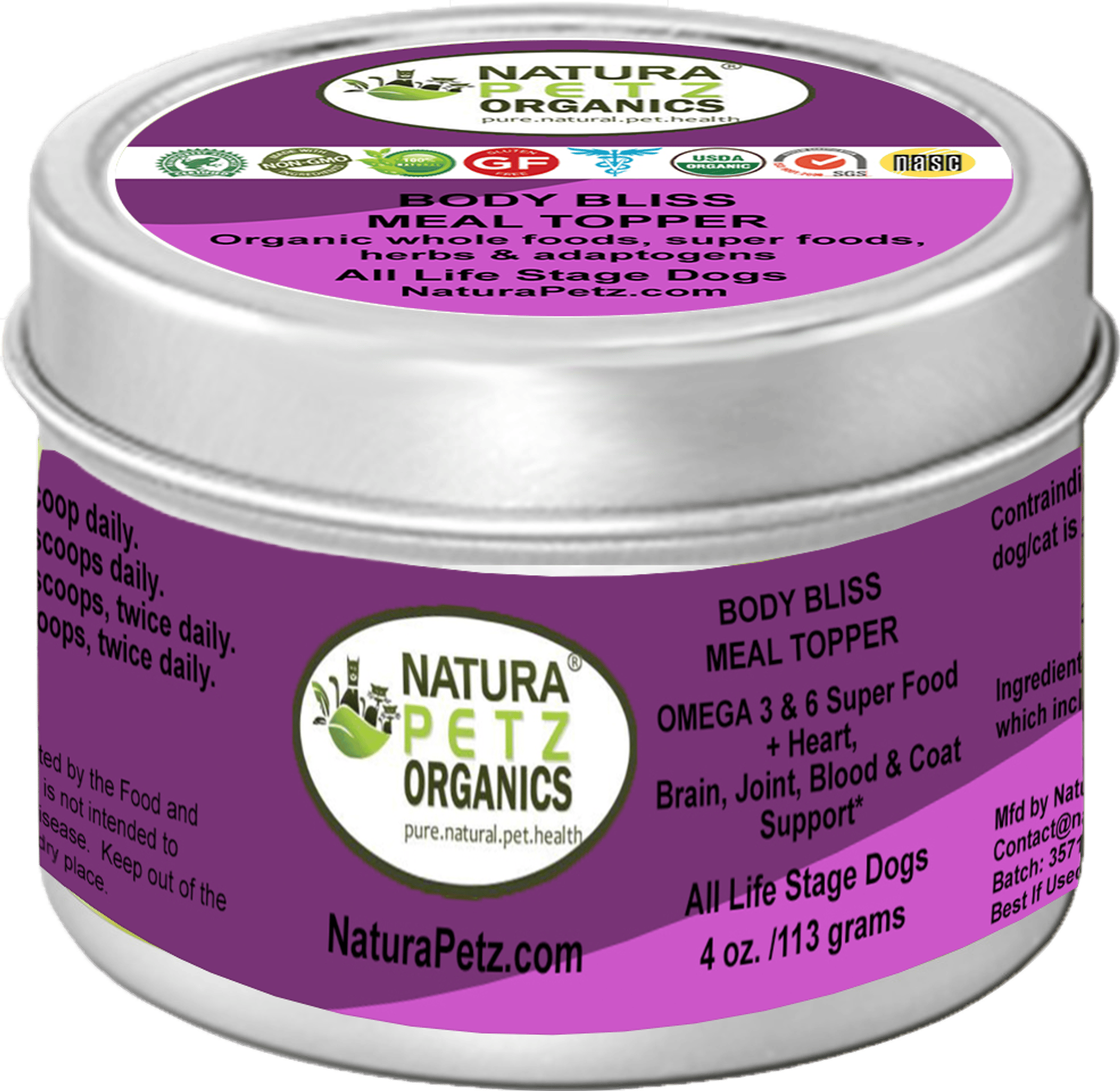 Body Bliss Meal Topper- Omega 3 & 6 Super Food + Heart, Brain Joint, Blood & Coat Support* (Size: 4 Oz. Dog)