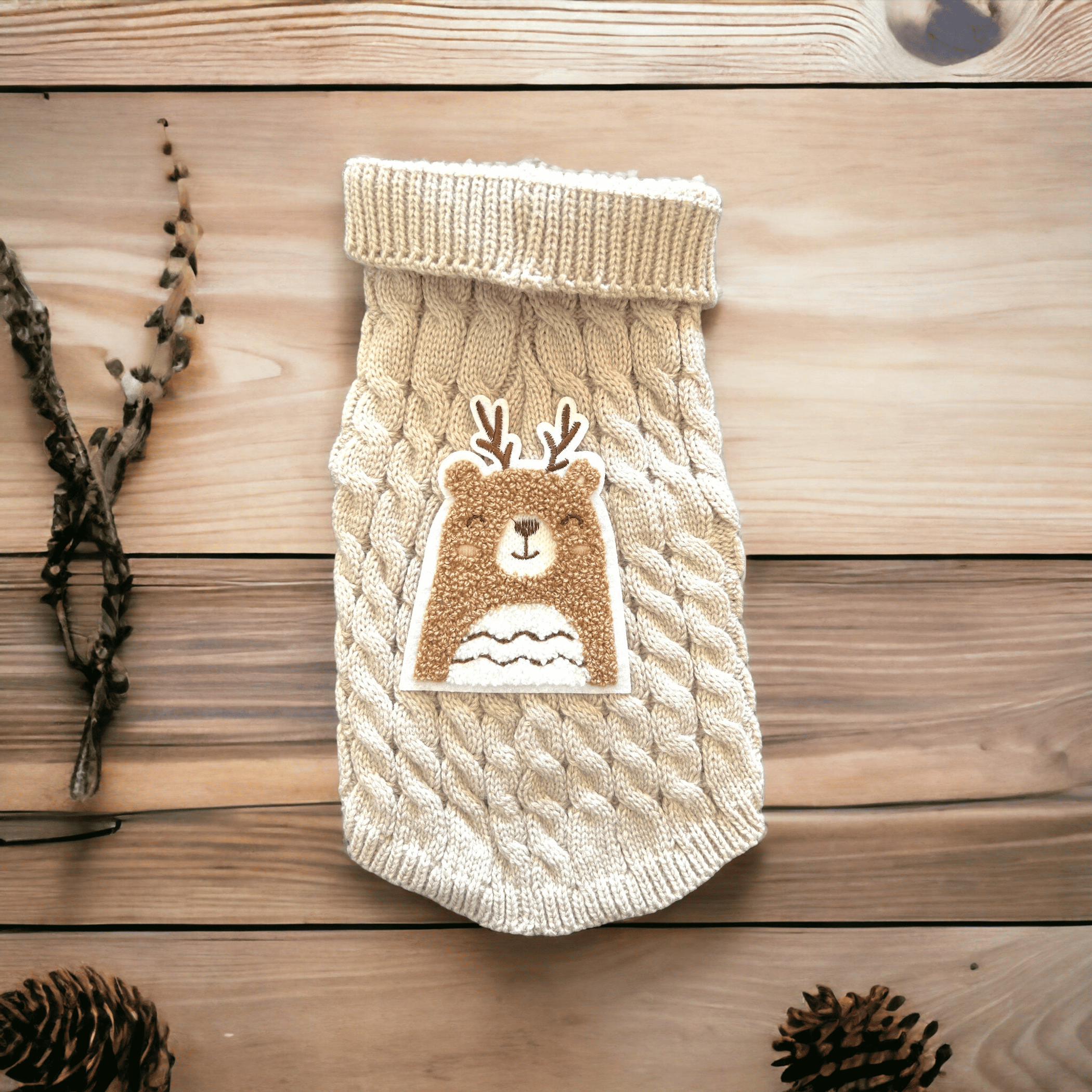 Antler Bear Knit Sweater- Dog Sweater (Size: XS)