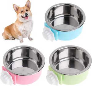 Crate Dog Bowl; Removable Stainless Steel Hanging Pet Cage Bowl Food & Water Feeder Coop Cup for Cat; Puppy; Birds; Rats; Guinea Pigs (Size: Pink)