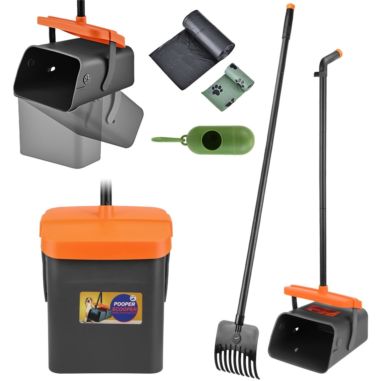Pooper Scooper Kit Dog Poop Rake & Swiveling Bin Poop Heavy Duty Pick Up Tool with Extra Long Handle 35 Waste Bags Dispenser (type: Pooper Scooper Kit)