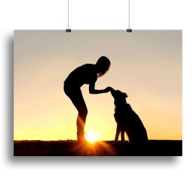 A silhouette of a girl sitting outside in the grass with her pet German Shepherd Mix Dog feeding him treats during training in front of a sunsetting s (type: Poster Print, Size: 16" x 12" / 42cm x 30cm (approx))